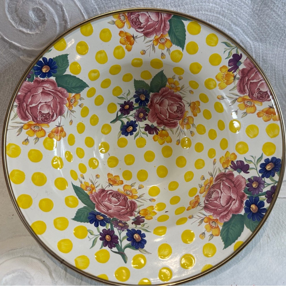 MacKenzie Childs Buttercup  Floral Yellow Polka Dot Enamel Plate Bowl